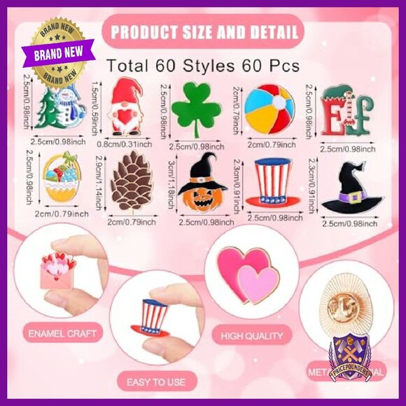 60 Pcs Holiday Enamel Pins Bulk Set Zinc Alloy Backpack Lapel Badge - Picture 4 of 8
